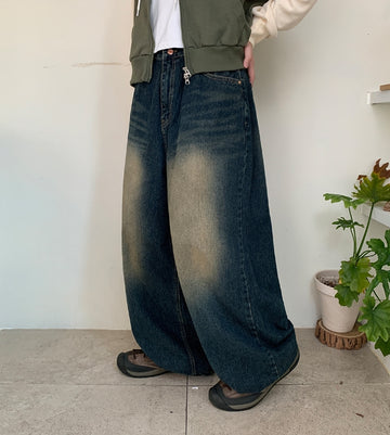 Dyuijeu ribbed washing wide denim pants